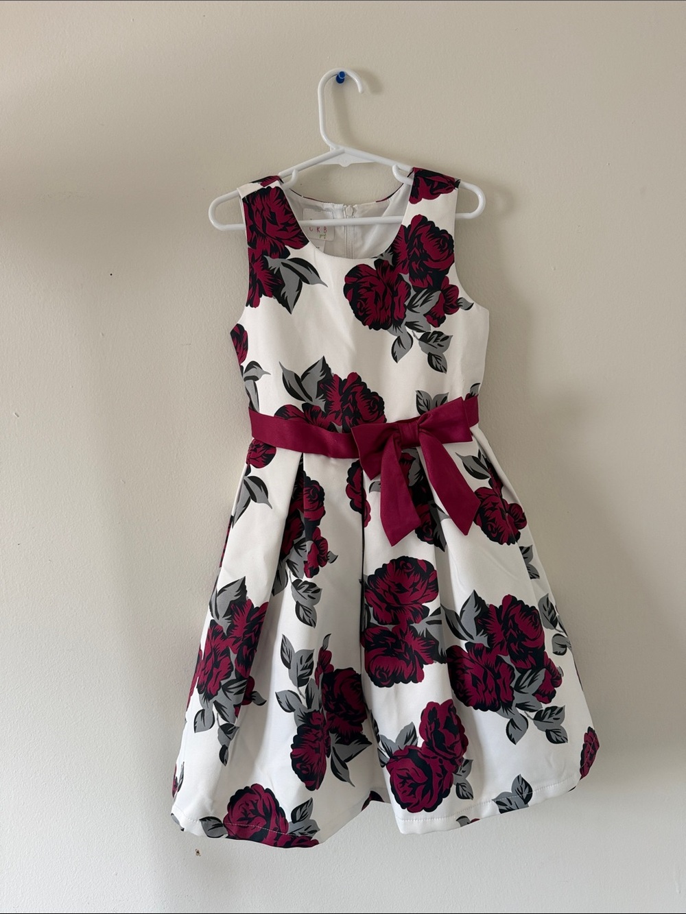 Sleeveless White Dress with Burgundy Rose Print and Removable Sash
